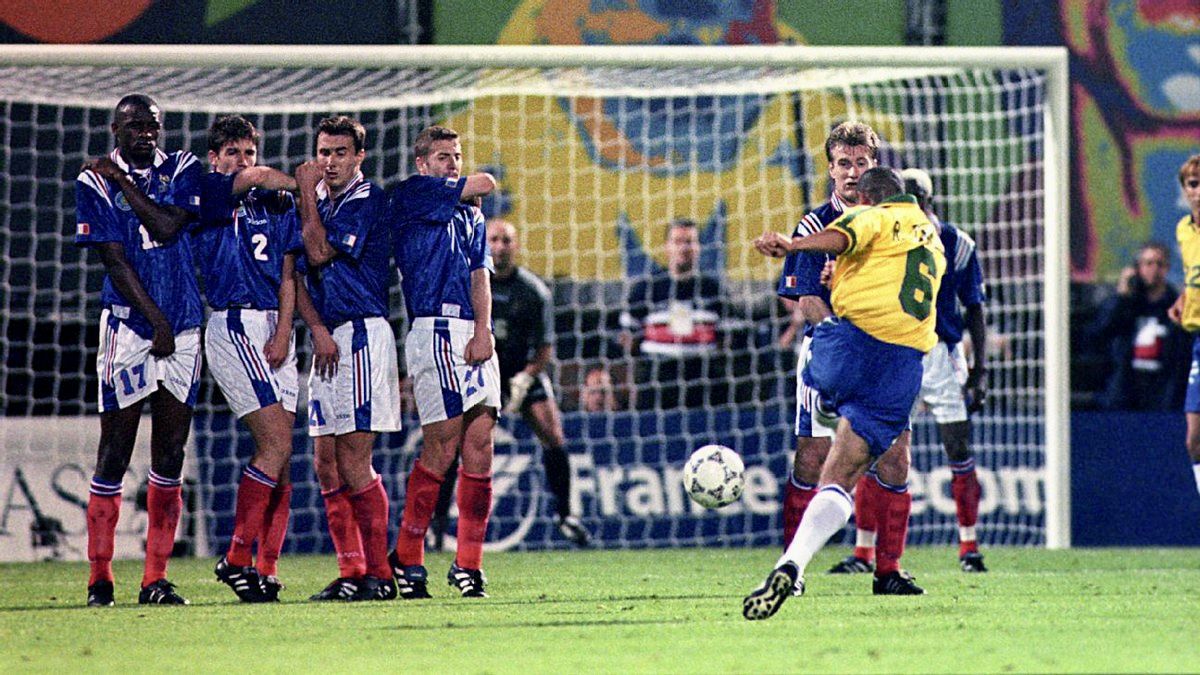 Roberto Carlos scored his famous "physics-defying" free kick, 1997
